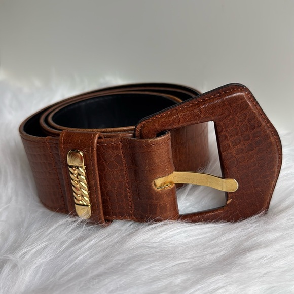 Vintage Crocodile Embossed Leather Wide Belt Brown Tan Gold Accents 90’s main image 7
